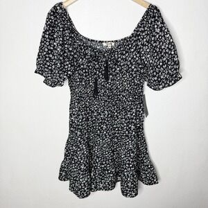 New Hint Of Blush Smocked Milkmaid Mini‎ Puffed Sleeve Dress Womens XL Black